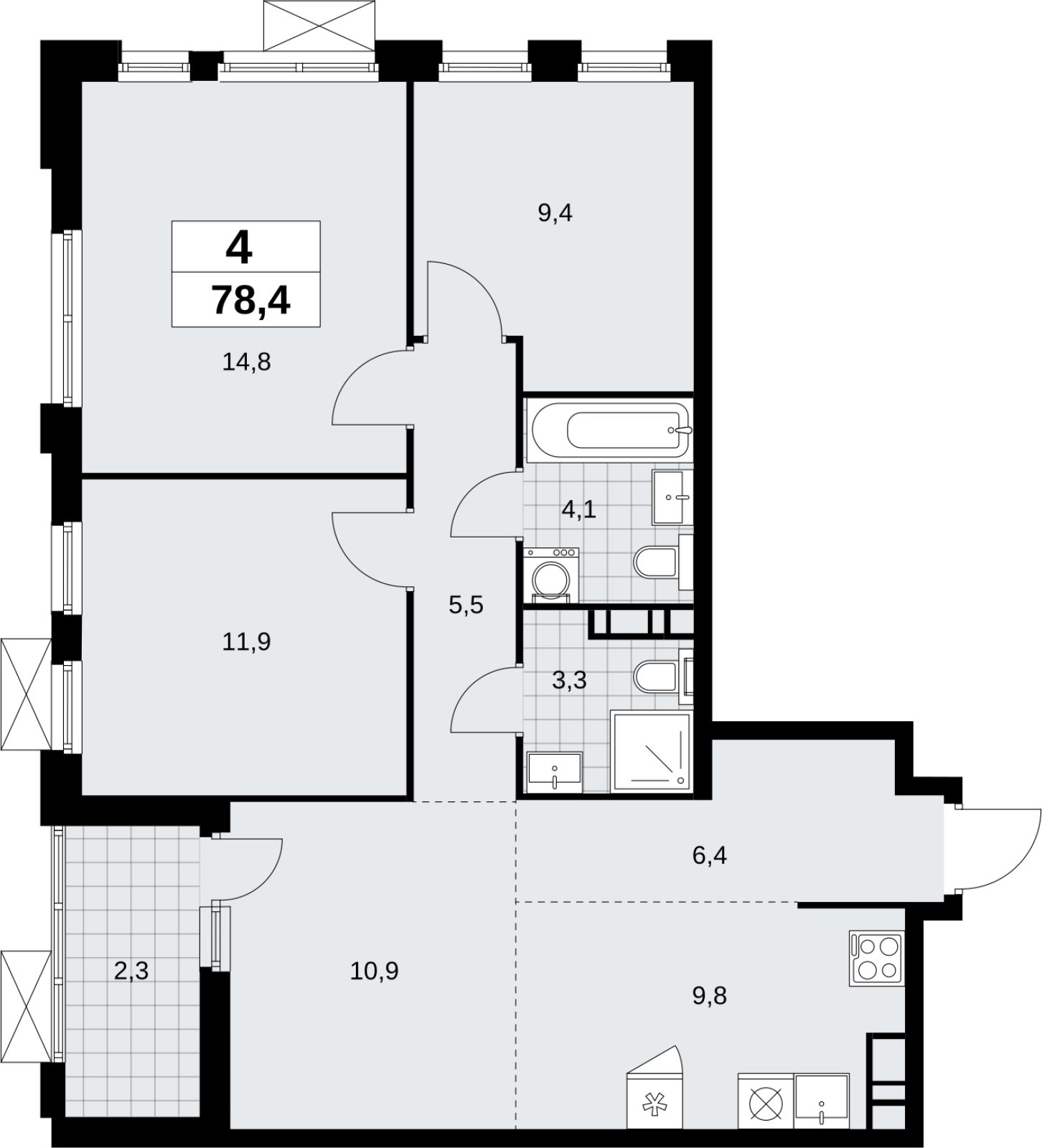 4-комнатная квартира (евро) без отделки, 78.4 м2, 14 этаж, сдача 4 квартал 2026 г., ЖК Скандинавия, корпус 2.18.1.3 - объявление 2350870 - фото №1