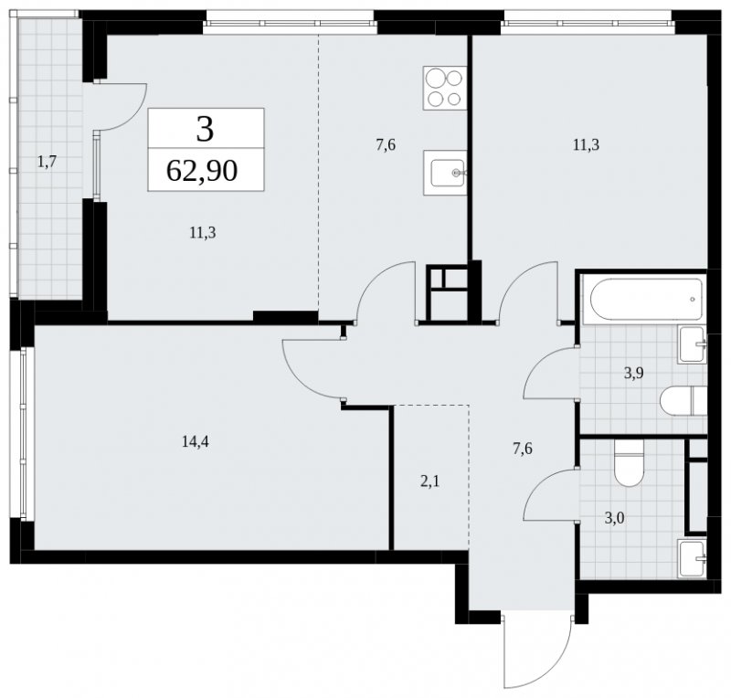 3-комнатная квартира (евро) с частичной отделкой, 62.9 м2, 11 этаж, сдача 4 квартал 2024 г., ЖК Скандинавия, корпус 36.2.1 - объявление 1779887 - фото №1