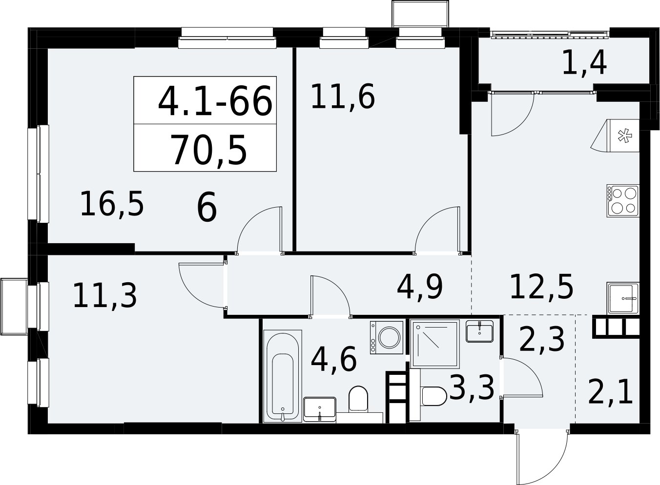3-комнатная квартира с полной отделкой, 70.5 м2, 12 этаж, сдача 2 квартал 2027 г., ЖК Южные сады, корпус 4.1.1 - объявление 2392607 - фото №1