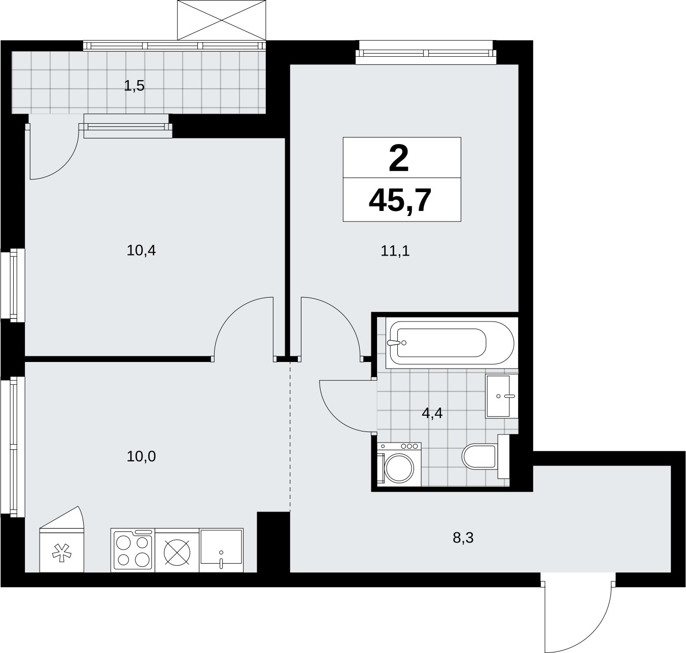 2-комнатная квартира без отделки, 45.7 м2, 4 этаж, сдача 1 квартал 2026 г., ЖК Дзен-кварталы, корпус 6.2.1 - объявление 2328316 - фото №1