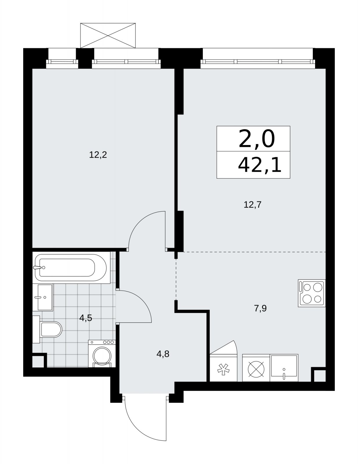 2-комнатная квартира (евро) с частичной отделкой, 42.1 м2, 2 этаж, сдача 2 квартал 2026 г., ЖК Прокшино, корпус 10.1.5 - объявление 2227742 - фото №1