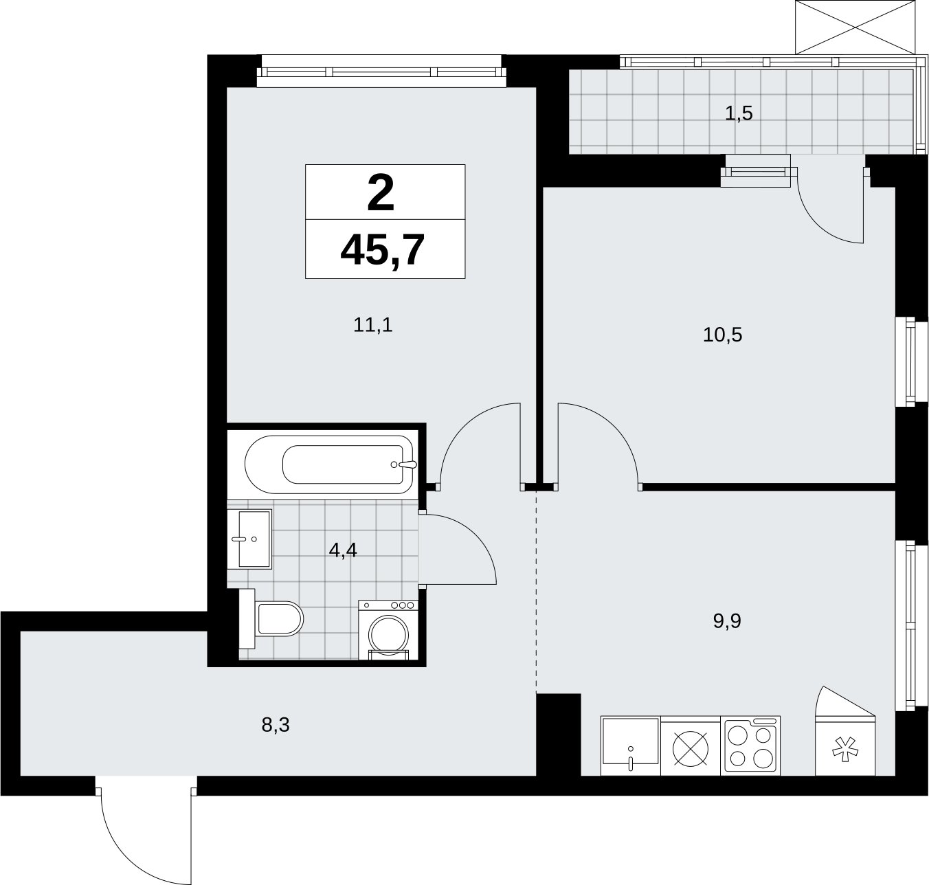 2-комнатная квартира с полной отделкой, 45.7 м2, 3 этаж, сдача 3 квартал 2026 г., ЖК Дзен-кварталы, корпус 6.1.3 - объявление 2328104 - фото №1