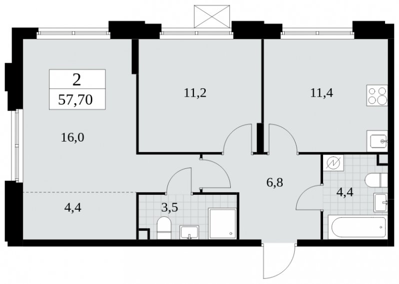 2-комнатная квартира с частичной отделкой, 57.7 м2, 2 этаж, сдача 4 квартал 2024 г., ЖК Скандинавия, корпус 2.27.4 - объявление 1840705 - фото №1