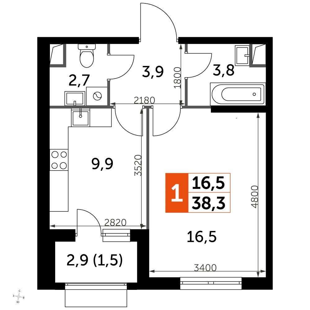 1-комнатная квартира с частичной отделкой, 38.3 м2, 1 этаж, дом сдан, ЖК UP-квартал Римский, корпус 7 - объявление 2208740 - фото №1