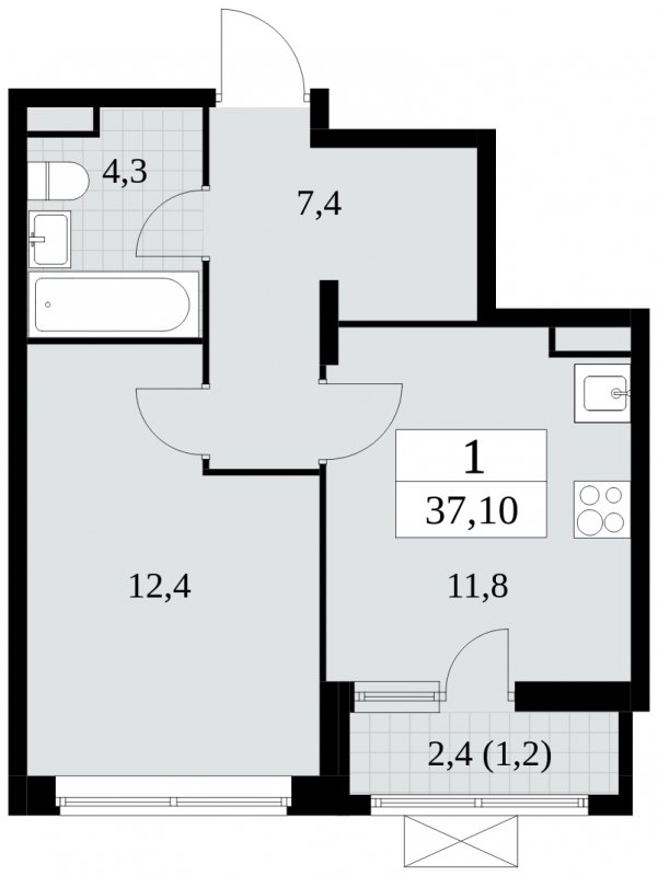 1-комнатная квартира без отделки, 37.1 м2, 5 этаж, сдача 3 квартал 2024 г., ЖК Прокшино, корпус 8.4 - объявление 1684063 - фото №1