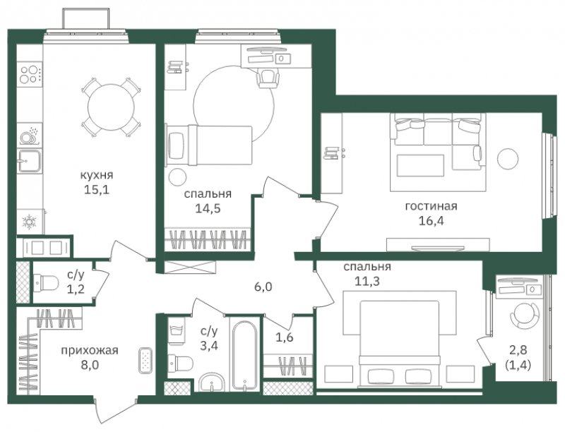 3-комнатная квартира с полной отделкой, 78.8 м2, 13 этаж, дом сдан, ЖК Зеленая Вертикаль, корпус 2 - объявление 1806835 - фото №1