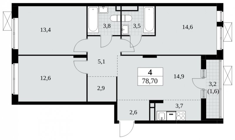 4-комнатная квартира (евро) без отделки, 78.7 м2, 8 этаж, сдача 2 квартал 2024 г., ЖК Прокшино, корпус 6.2 - объявление 1662835 - фото №1