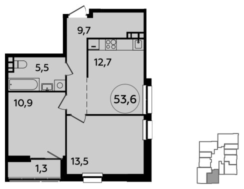 2-комнатная квартира без отделки, 53.6 м2, 15 этаж, сдача 1 квартал 2024 г., ЖК Южные сады, корпус 1.2 - объявление 1512179 - фото №1