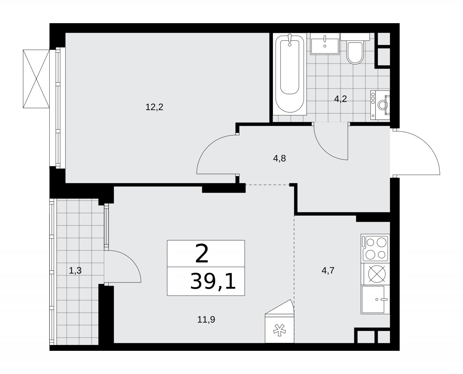 2-комнатная квартира (евро) с частичной отделкой, 39.1 м2, 9 этаж, сдача 2 квартал 2026 г., ЖК Деснаречье, корпус 4.5 - объявление 2264485 - фото №1