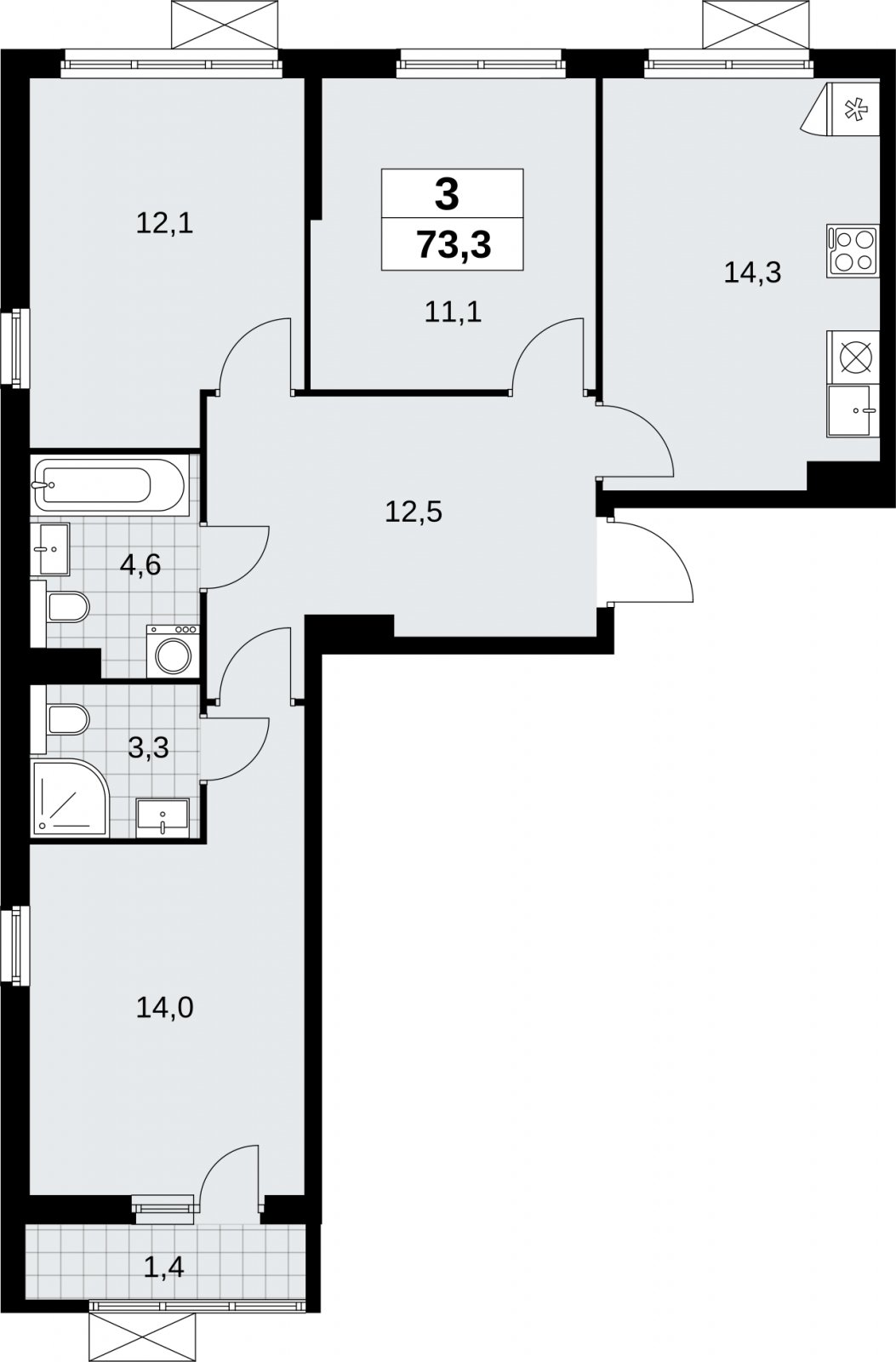 3-комнатная квартира без отделки, 73.3 м2, 14 этаж, сдача 2 квартал 2026 г., ЖК Бунинские кварталы, корпус 9.1 - объявление 2324054 - фото №1