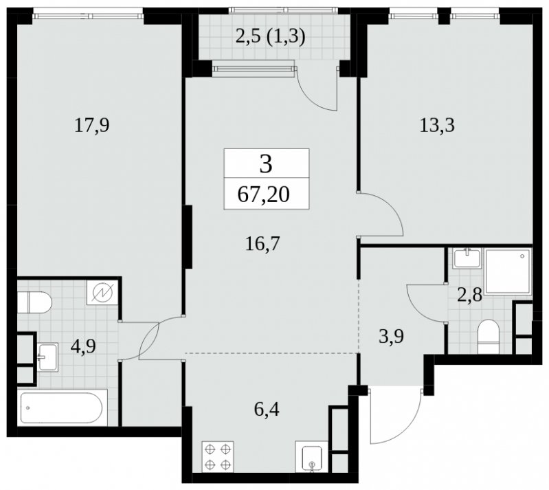 3-комнатная квартира (евро) без отделки, 67.2 м2, 16 этаж, сдача 2 квартал 2025 г., ЖК Южные сады, корпус 2.4 - объявление 1760352 - фото №1