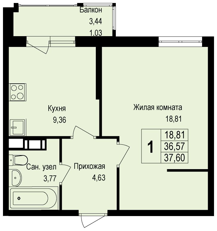 1-комнатная квартира без отделки, 37.6 м2, 2 этаж, сдача 3 квартал 2022 г., ЖК Новая Щербинка, корпус 12 - объявление 1707482 - фото №1