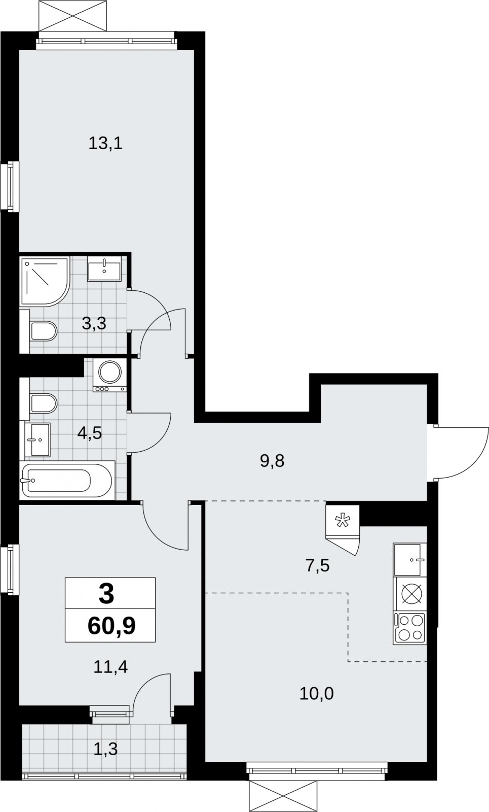 3-комнатная квартира (евро) без отделки, 60.9 м2, 11 этаж, сдача 2 квартал 2026 г., ЖК Бунинские кварталы, корпус 9.1 - объявление 2323595 - фото №1