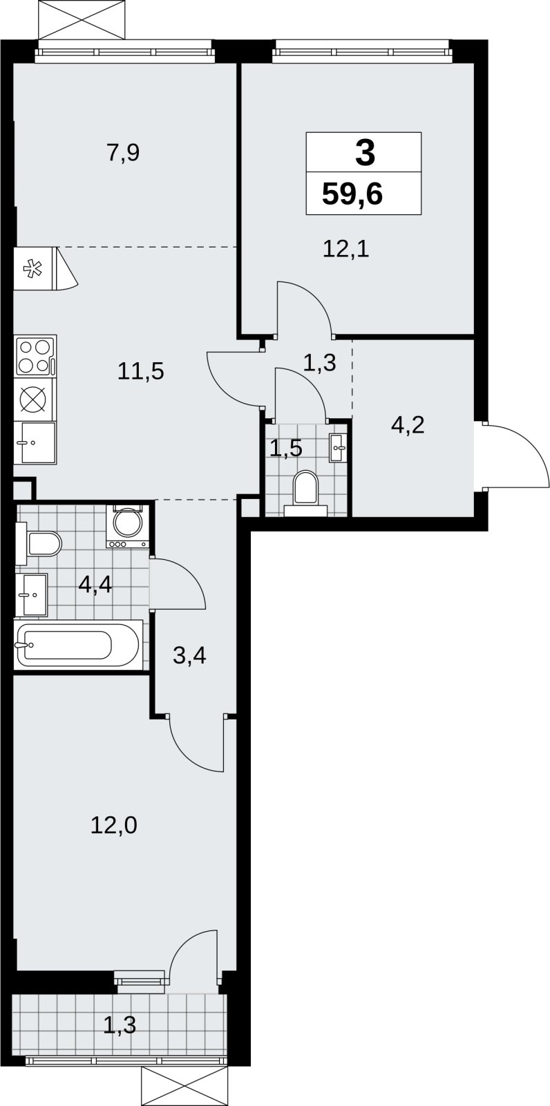 3-комнатная квартира (евро) без отделки, 59.6 м2, 2 этаж, сдача 4 квартал 2026 г., ЖК Скандинавия, корпус 2.18.2.5 - объявление 2351650 - фото №1