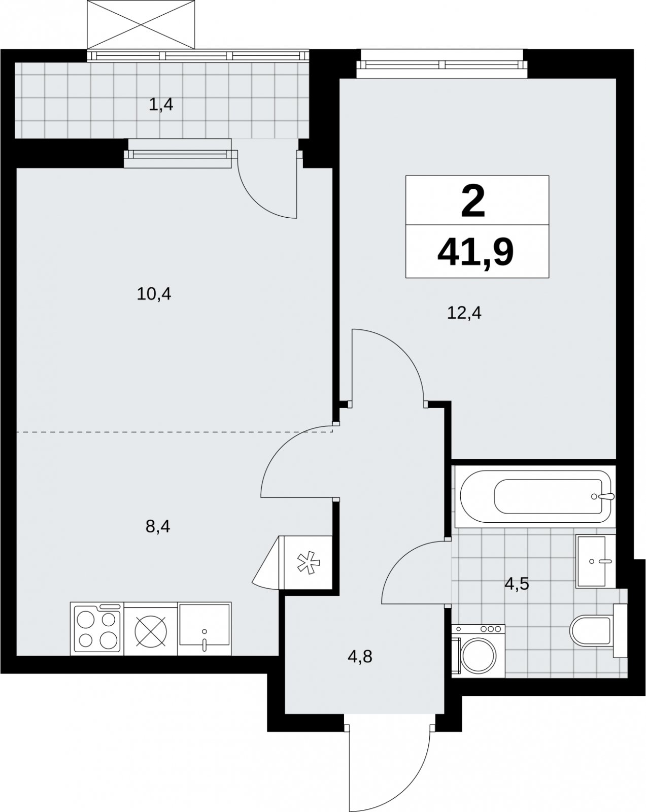 2-комнатная квартира (евро) без отделки, 41.9 м2, 4 этаж, сдача 1 квартал 2026 г., ЖК Дзен-кварталы, корпус 6.2.1 - объявление 2328577 - фото №1
