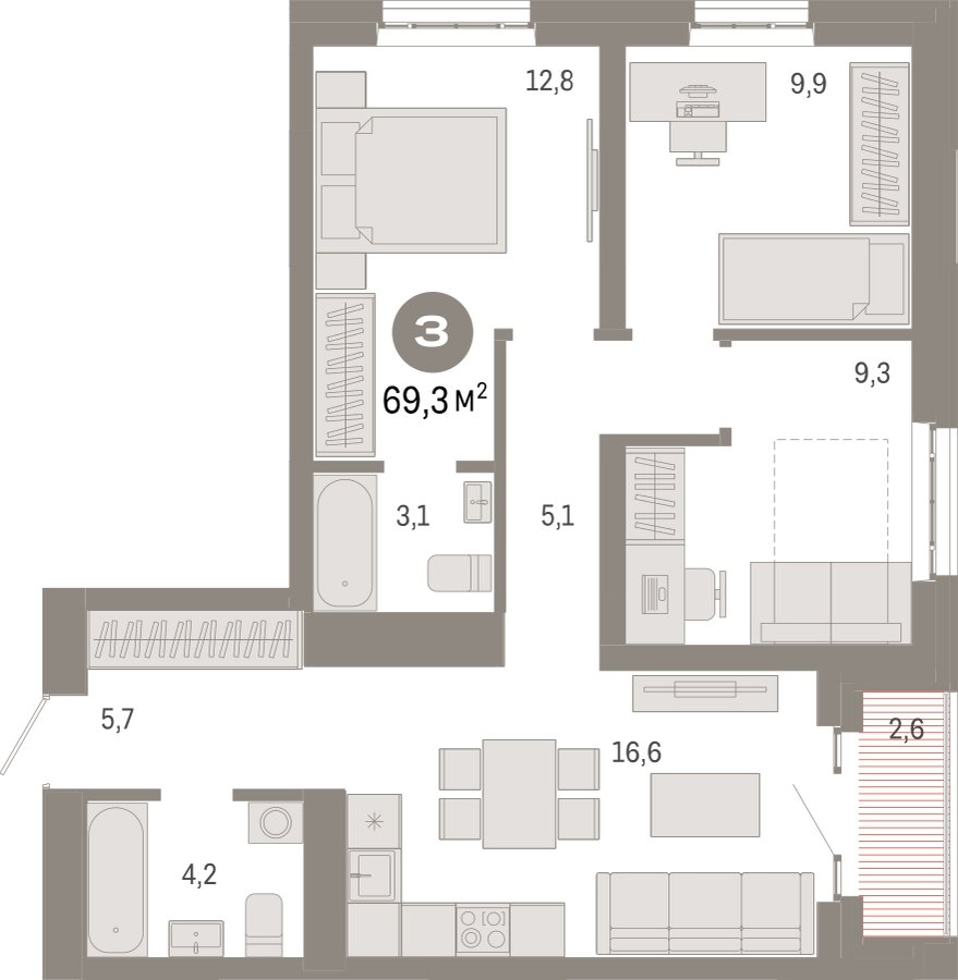 3-комнатная квартира 69.3 м2, 7 этаж, сдача 3 квартал 2026 г., ЖК Квартал Метроном, корпус 1 - объявление 2310833 - фото №1