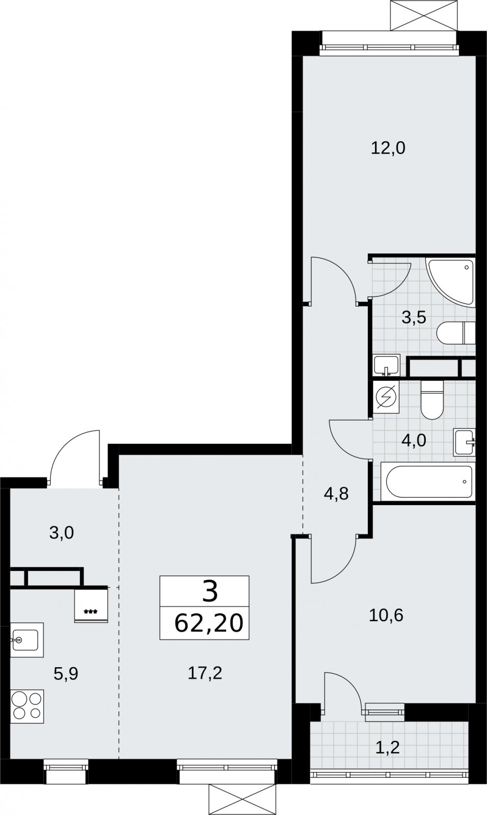 3-комнатная квартира (евро) без отделки, 62.2 м2, 4 этаж, сдача 3 квартал 2026 г., ЖК Родные кварталы, корпус 2 - объявление 2295619 - фото №1