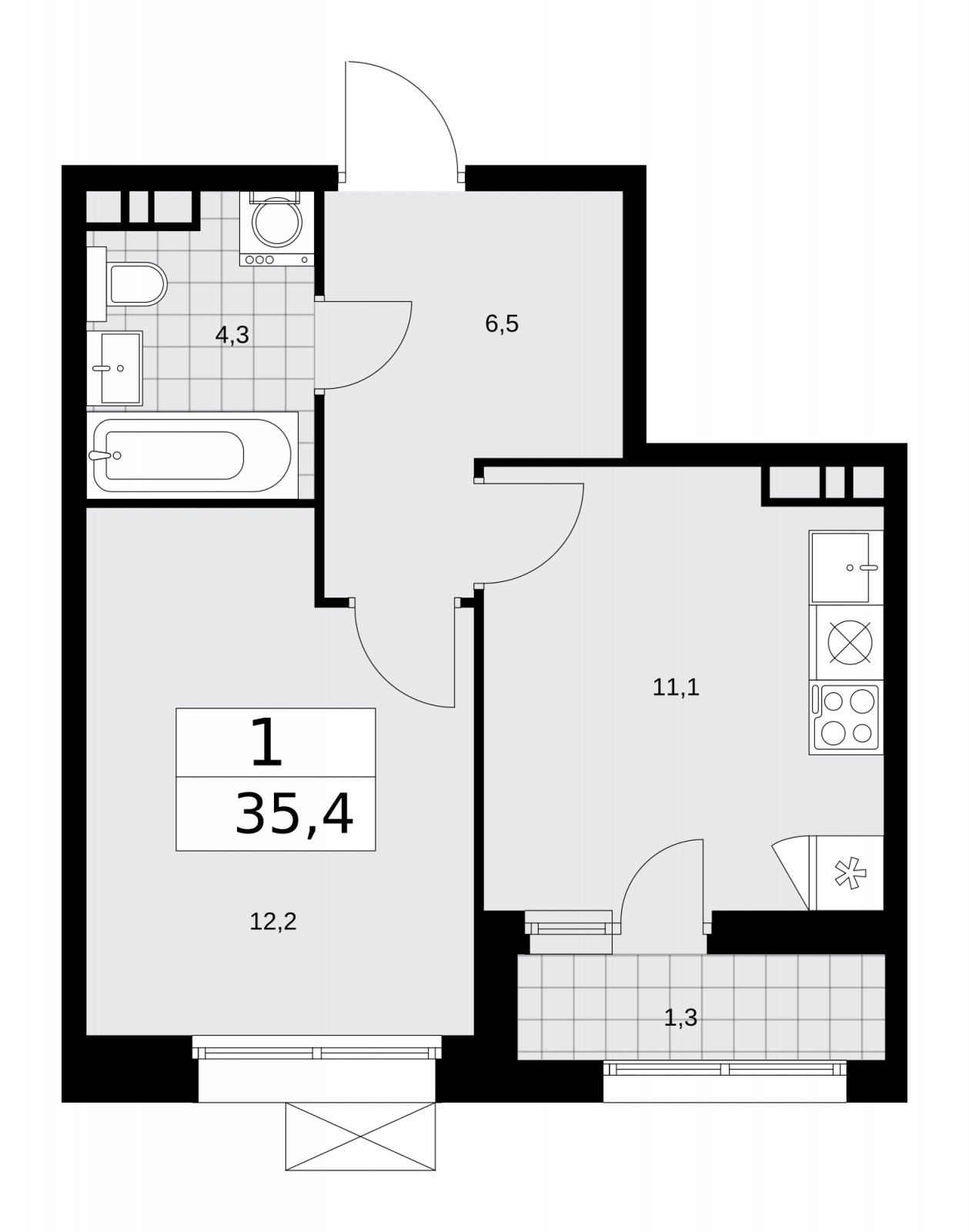 1-комнатная квартира без отделки, 35.4 м2, 7 этаж, сдача 4 квартал 2025 г., ЖК Бунинские кварталы, корпус 6.4 - объявление 2252735 - фото №1