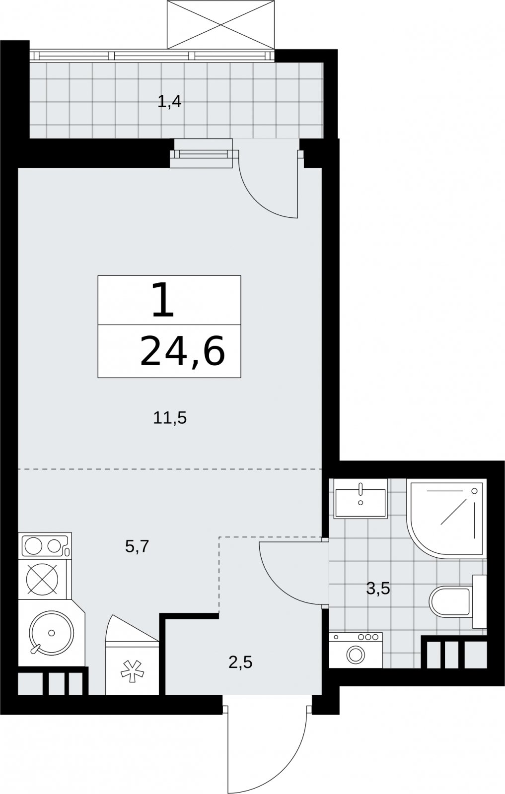 Студия с частичной отделкой, 24.6 м2, 6 этаж, сдача 2 квартал 2026 г., ЖК Бунинские кварталы, корпус 5.1 - объявление 2296845 - фото №1