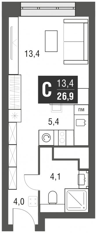 Студия с полной отделкой, 26.9 м2, 28 этаж, сдача 2 квартал 2024 г., ЖК AFI Tower, корпус 1 - объявление 2205280 - фото №1