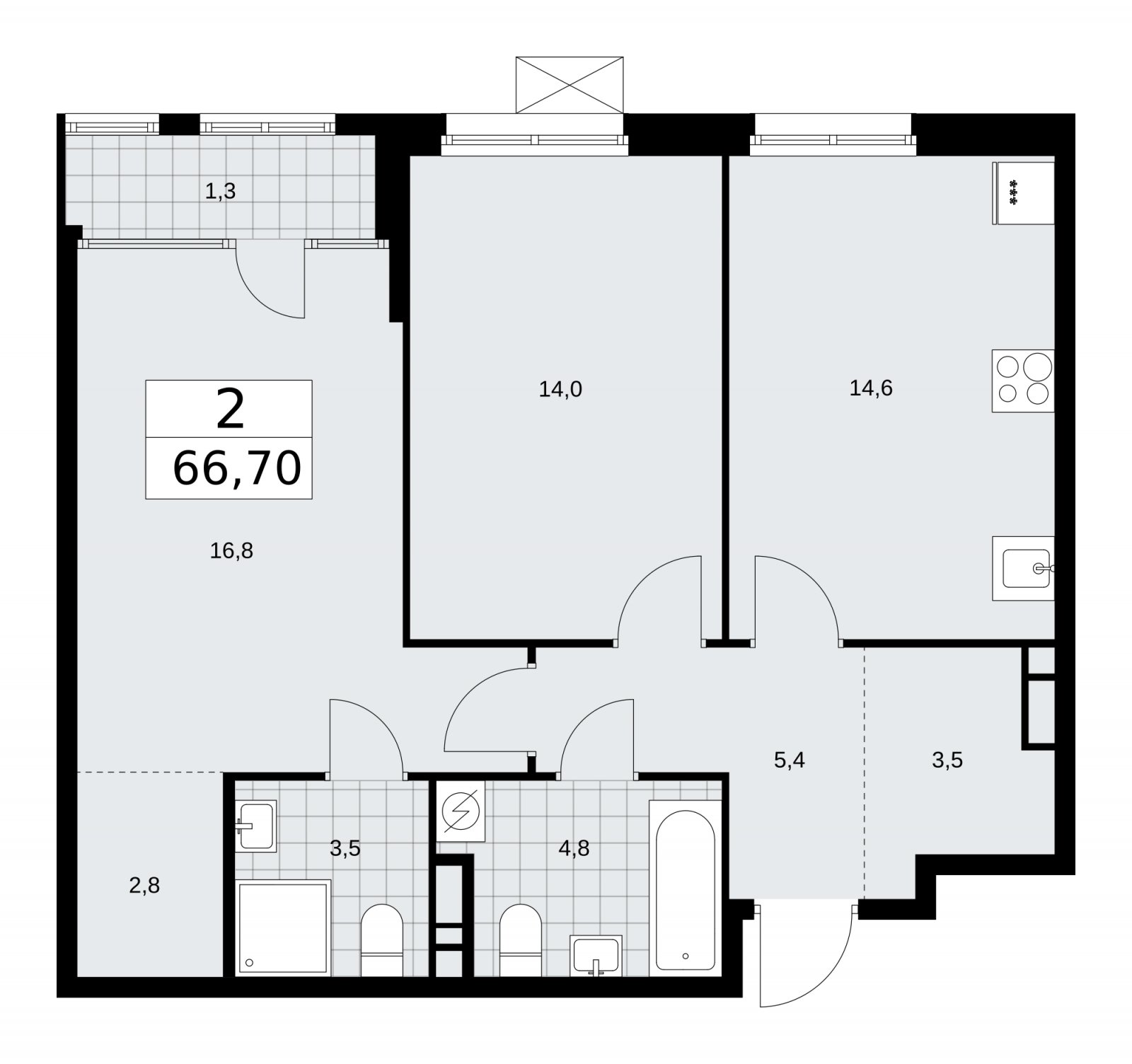 2-комнатная квартира с частичной отделкой, 66.7 м2, 15 этаж, сдача 1 квартал 2026 г., ЖК Дом на Зорге, корпус 25 - объявление 2221243 - фото №1