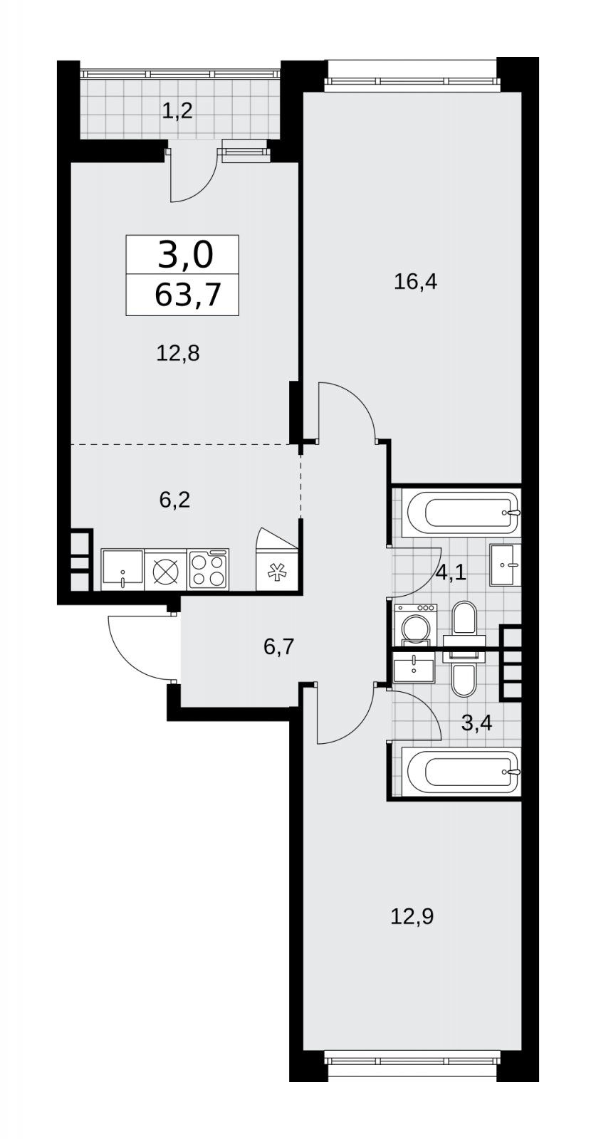 3-комнатная квартира (евро) без отделки, 63.7 м2, 11 этаж, сдача 1 квартал 2026 г., ЖК Прокшино, корпус 10.1.1 - объявление 2226806 - фото №1