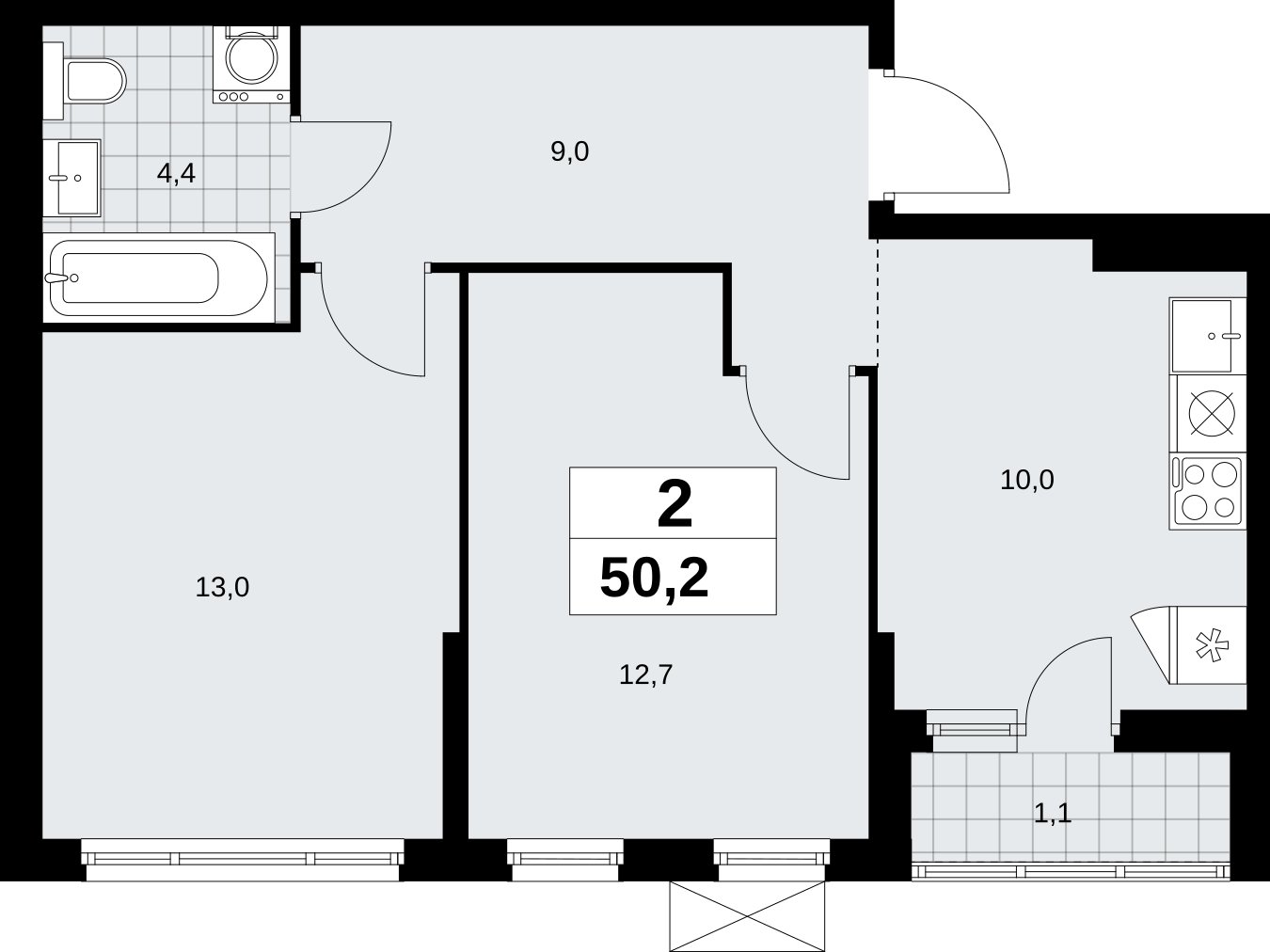 2-комнатная квартира без отделки, 50.2 м2, 13 этаж, сдача 2 квартал 2026 г., ЖК Дзен-кварталы, корпус 6.1.1 - объявление 2327203 - фото №1