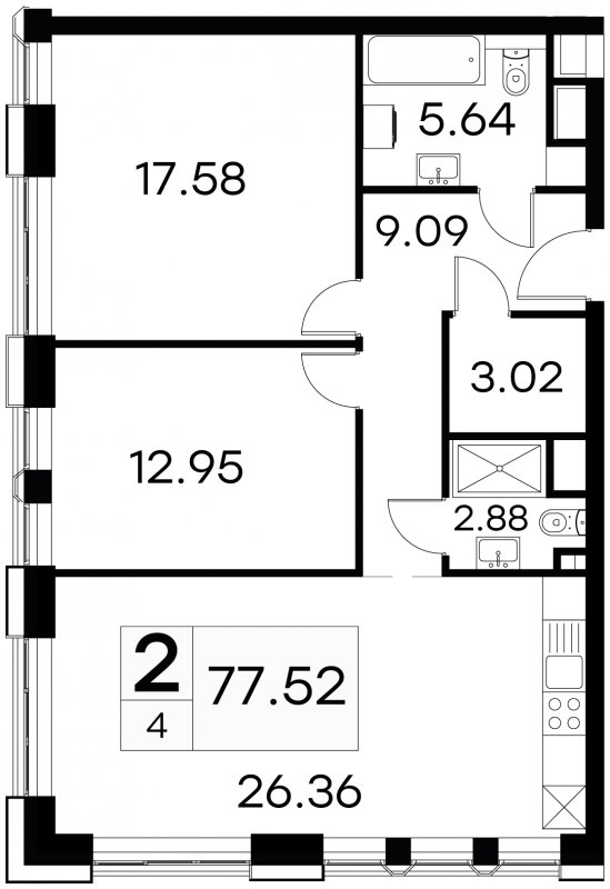 2-комнатные апартаменты с частичной отделкой, 77.52 м2, 2 этаж, сдача 3 квартал 2024 г., ЖК GloraX Aura Белорусская, корпус 1 - объявление 1708645 - фото №1