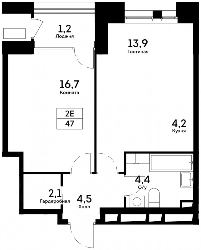 2-комнатная квартира без отделки, 47 м2, 6 этаж, сдача 4 квартал 2022 г., ЖК Квартал на набережной NOW, корпус 1.4 - объявление 1712970 - фото №1