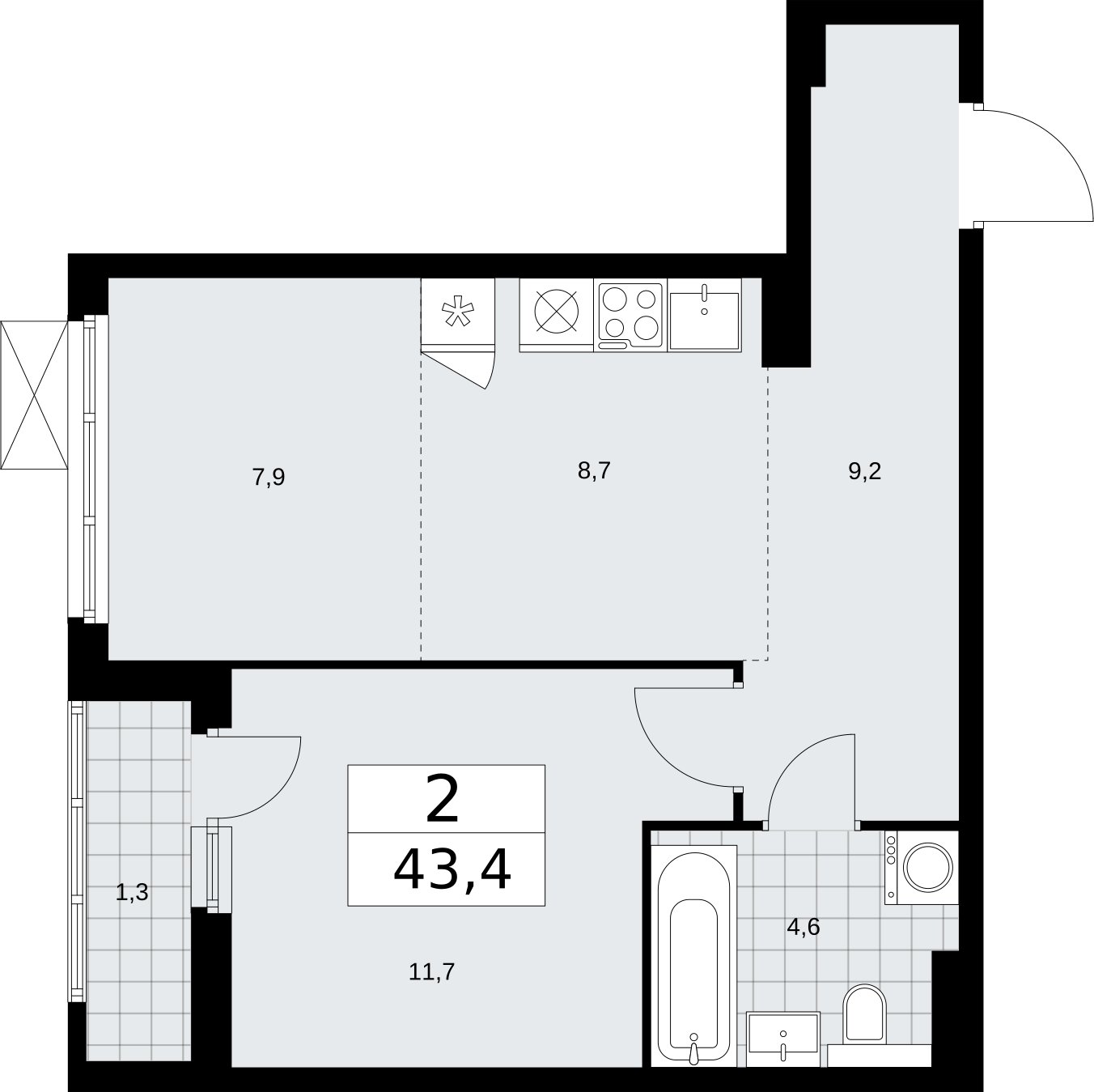 2-комнатная квартира (евро) без отделки, 43.4 м2, 8 этаж, сдача 2 квартал 2026 г., ЖК Бунинские кварталы, корпус 7.3 - объявление 2313880 - фото №1