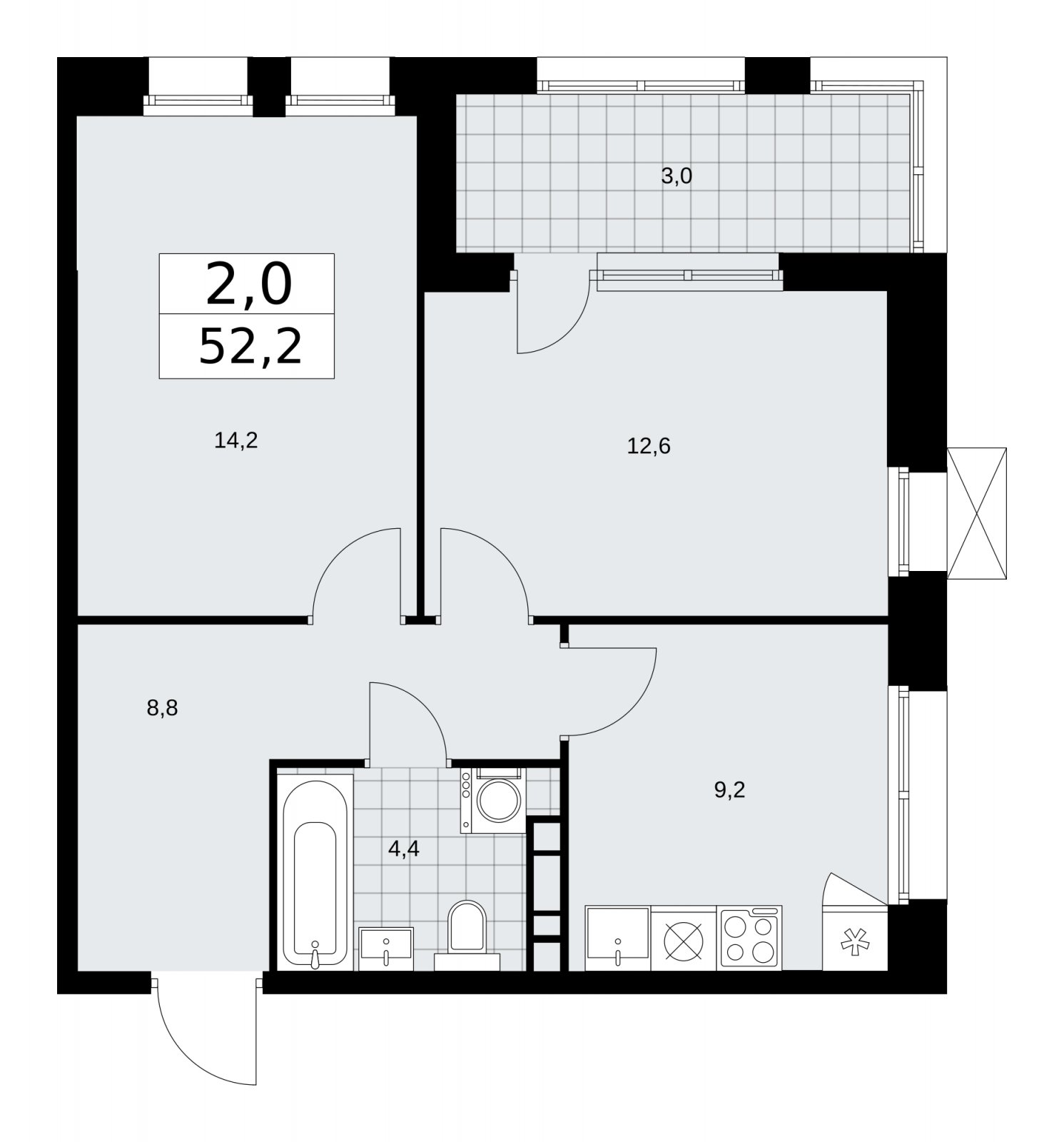 2-комнатная квартира с частичной отделкой, 52.2 м2, 15 этаж, сдача 1 квартал 2026 г., ЖК Бунинские кварталы, корпус 6.1 - объявление 2252486 - фото №1
