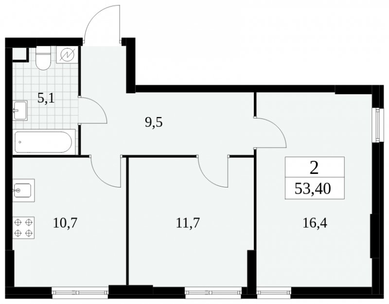 2-комнатная квартира без отделки, 53.4 м2, 2 этаж, сдача 2 квартал 2025 г., ЖК Южные сады, корпус 2.4 - объявление 1760266 - фото №1