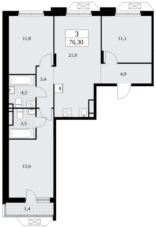 3-комнатная квартира с частичной отделкой, 76.3 м2, 10 этаж, сдача 2 квартал 2025 г., ЖК Бунинские кварталы, корпус 1.2 - объявление 1834361 - фото №1