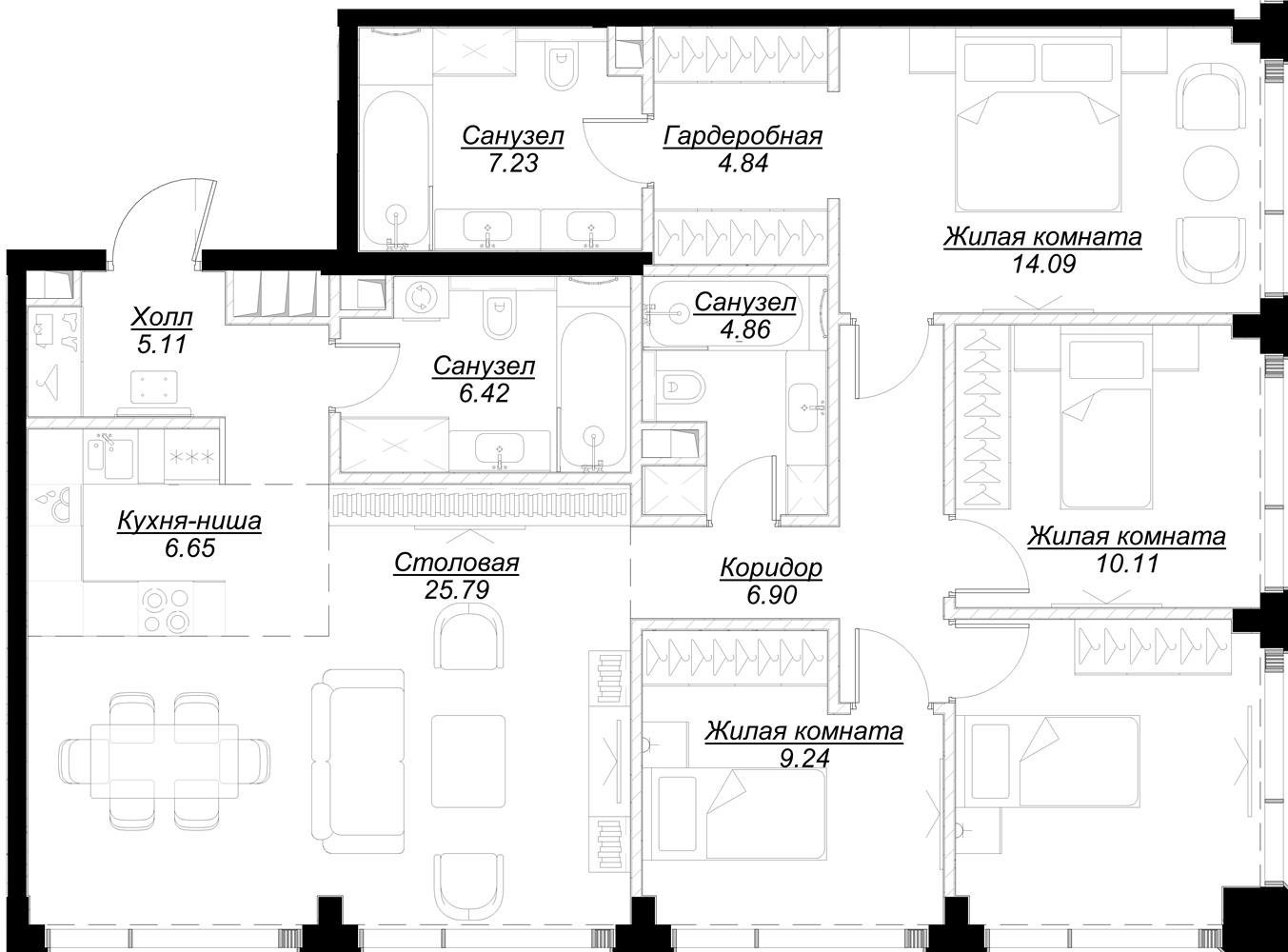 4-комнатная квартира с частичной отделкой, 111.63 м2, 48 этаж, сдача 4 квартал 2024 г., ЖК MOD, корпус Mann - объявление 2332089 - фото №1