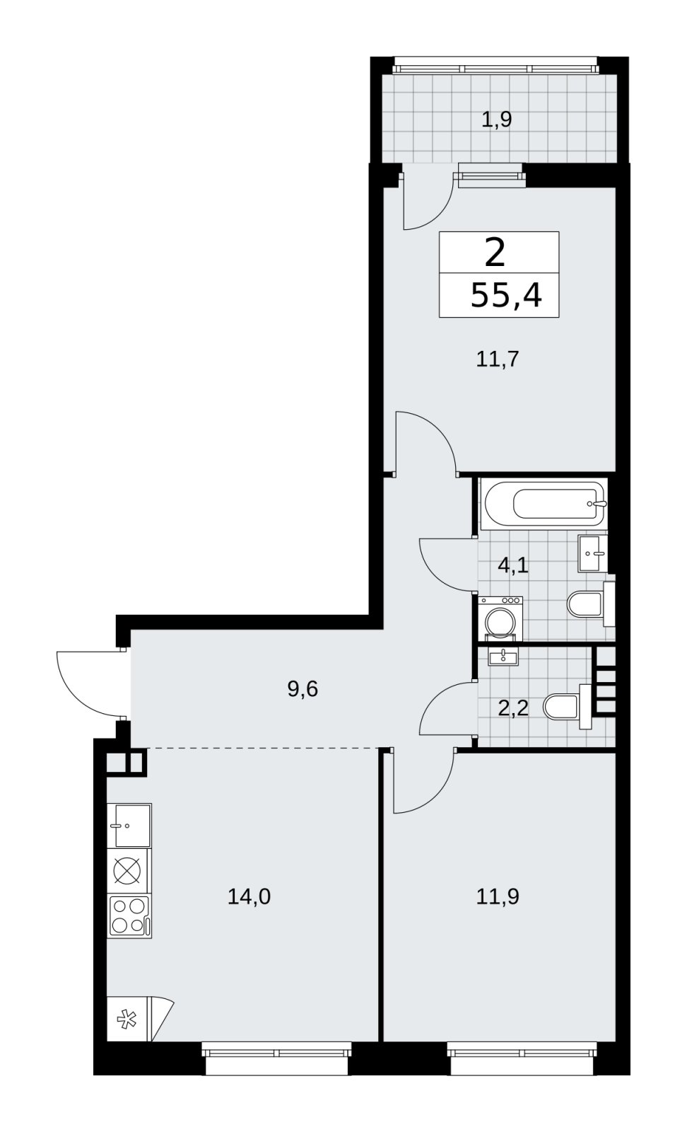 2-комнатная квартира с частичной отделкой, 55.4 м2, 3 этаж, сдача 2 квартал 2026 г., ЖК Дзен-кварталы, корпус 4.1 - объявление 2251440 - фото №1