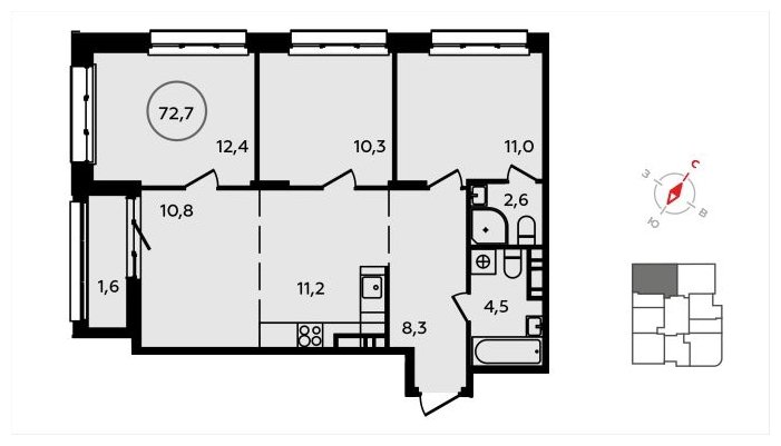 4-комнатная квартира (евро) без отделки, 72.7 м2, 9 этаж, сдача 3 квартал 2024 г., ЖК Скандинавия, корпус 22.1 - объявление 1625246 - фото №1