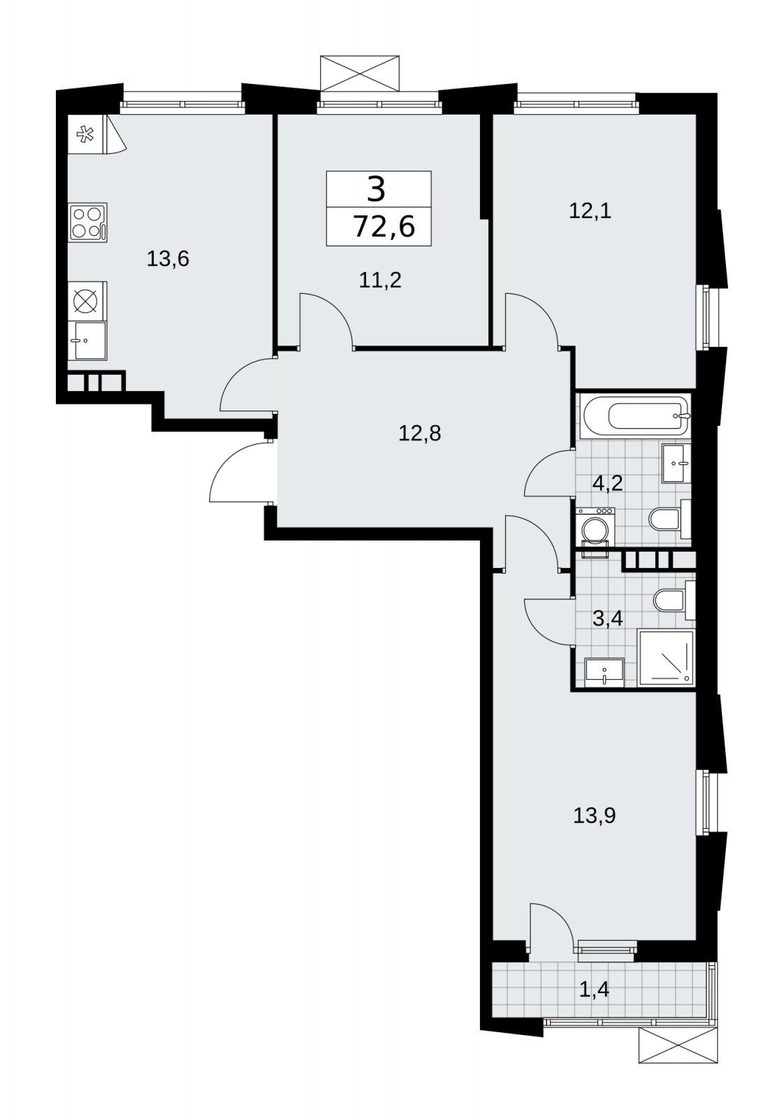 3-комнатная квартира с частичной отделкой, 72.6 м2, 12 этаж, сдача 1 квартал 2026 г., ЖК Прокшино, корпус 11.1.3 - объявление 2257409 - фото №1
