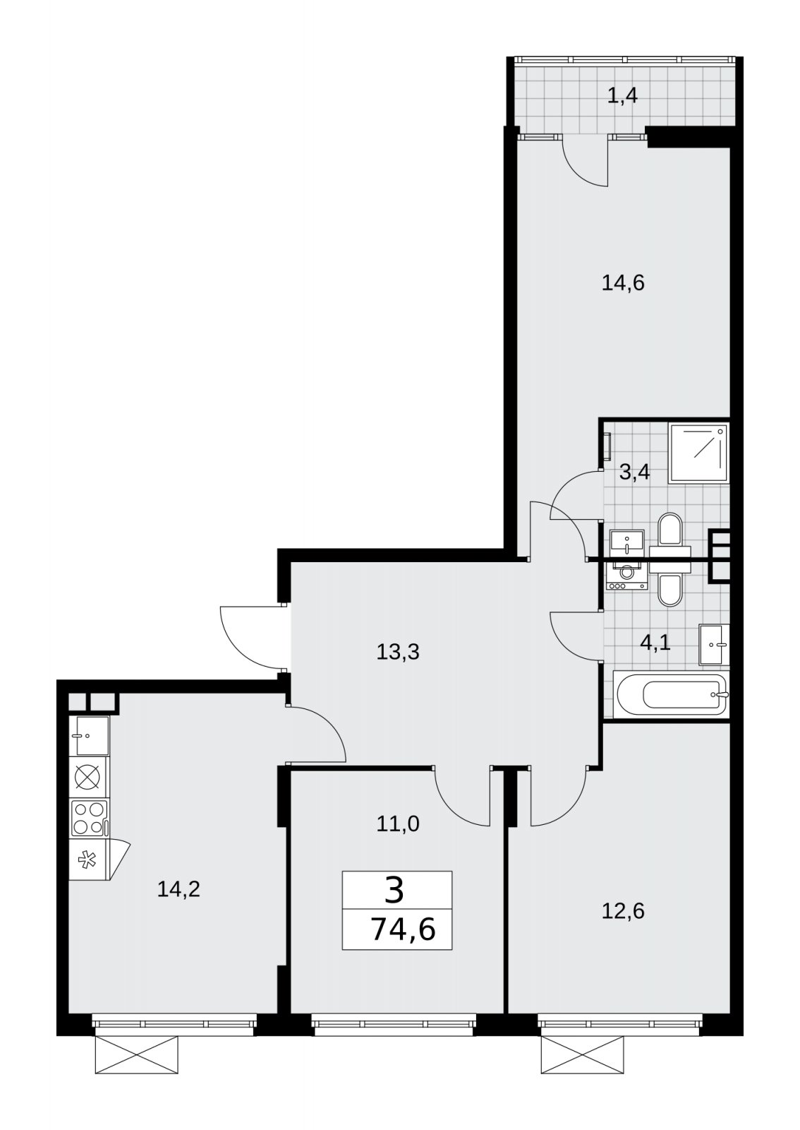 3-комнатная квартира с частичной отделкой, 74.6 м2, 6 этаж, сдача 2 квартал 2026 г., ЖК Деснаречье, корпус 4.5 - объявление 2264356 - фото №1