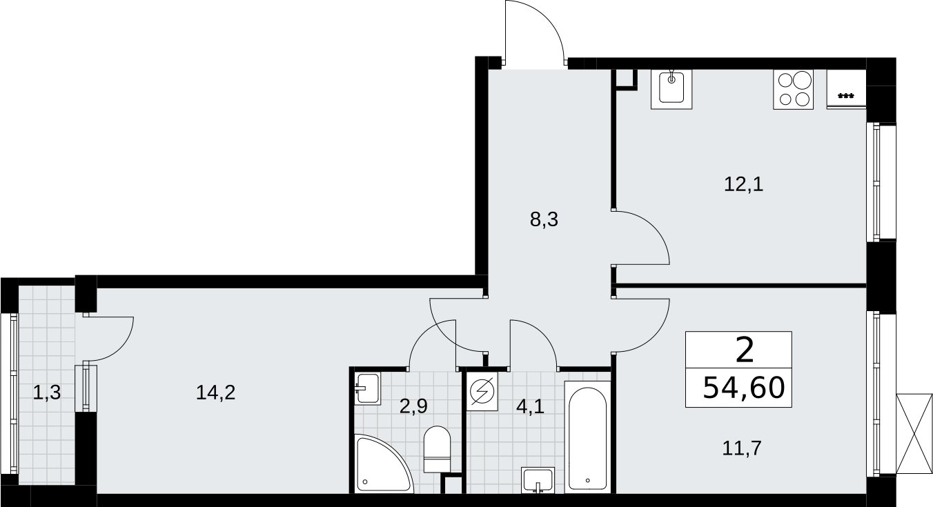 2-комнатная квартира без отделки, 54.6 м2, 2 этаж, сдача 3 квартал 2026 г., ЖК Родные кварталы, корпус 2 - объявление 2295599 - фото №1