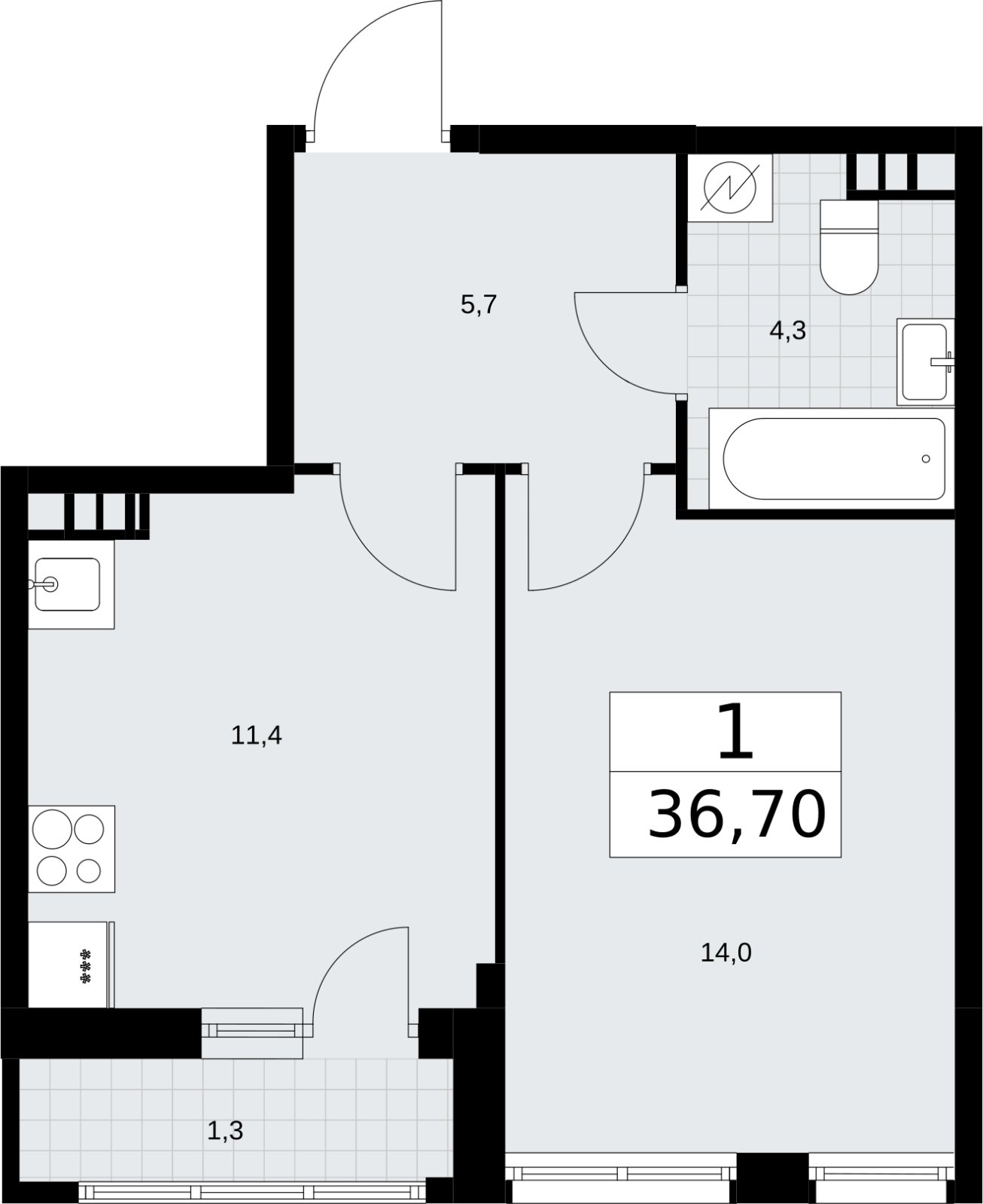 1-комнатная квартира с полной отделкой, 36.7 м2, 4 этаж, сдача 4 квартал 2026 г., ЖК Родные кварталы, корпус 3.3 - объявление 2378506 - фото №1