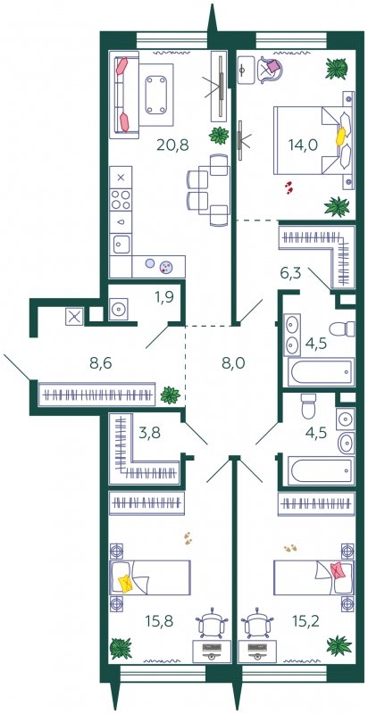3-комнатная квартира без отделки, 103.4 м2, 2 этаж, сдача 4 квартал 2023 г., ЖК SHAGAL, корпус 1.1 - объявление 1769706 - фото №1