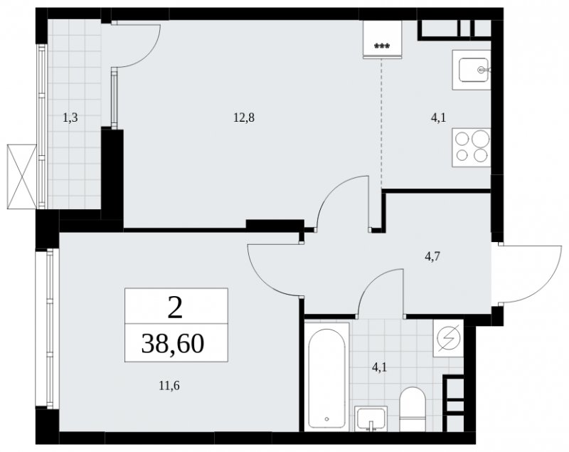 2-комнатная квартира (евро) с частичной отделкой, 38.6 м2, 8 этаж, сдача 3 квартал 2025 г., ЖК Дзен-кварталы, корпус 2.2 - объявление 1932405 - фото №1