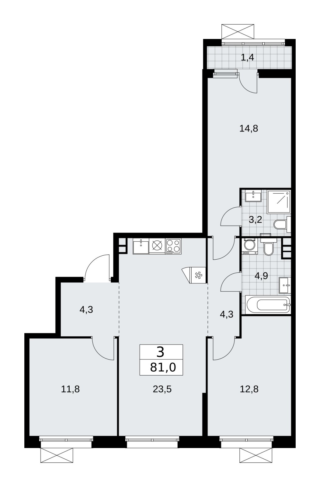 3-комнатная квартира без отделки, 81 м2, 3 этаж, сдача 2 квартал 2026 г., ЖК Скандинавия, корпус 25.5 - объявление 2283686 - фото №1