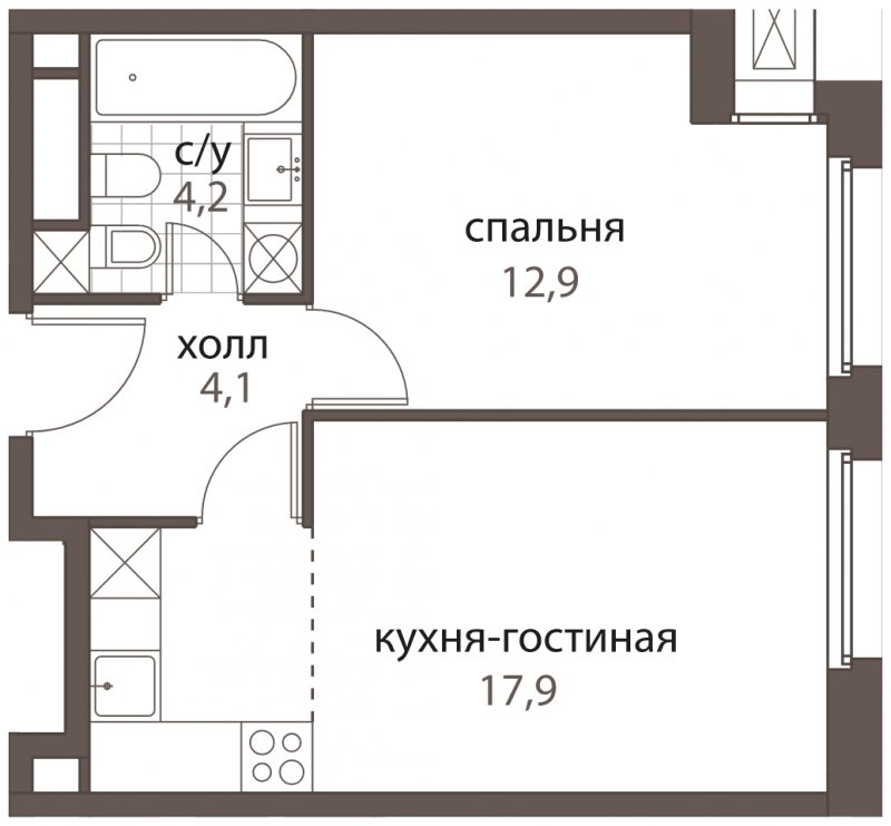 2-комнатная квартира (евро) без отделки, 39.1 м2, 3 этаж, дом сдан, ЖК HomeCity, корпус 1 - объявление 1762587 - фото №1