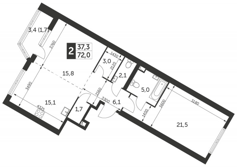 2-комнатная квартира с частичной отделкой, 72 м2, 21 этаж, сдача 4 квартал 2023 г., ЖК Архитектор, корпус 1 - объявление 1671746 - фото №1