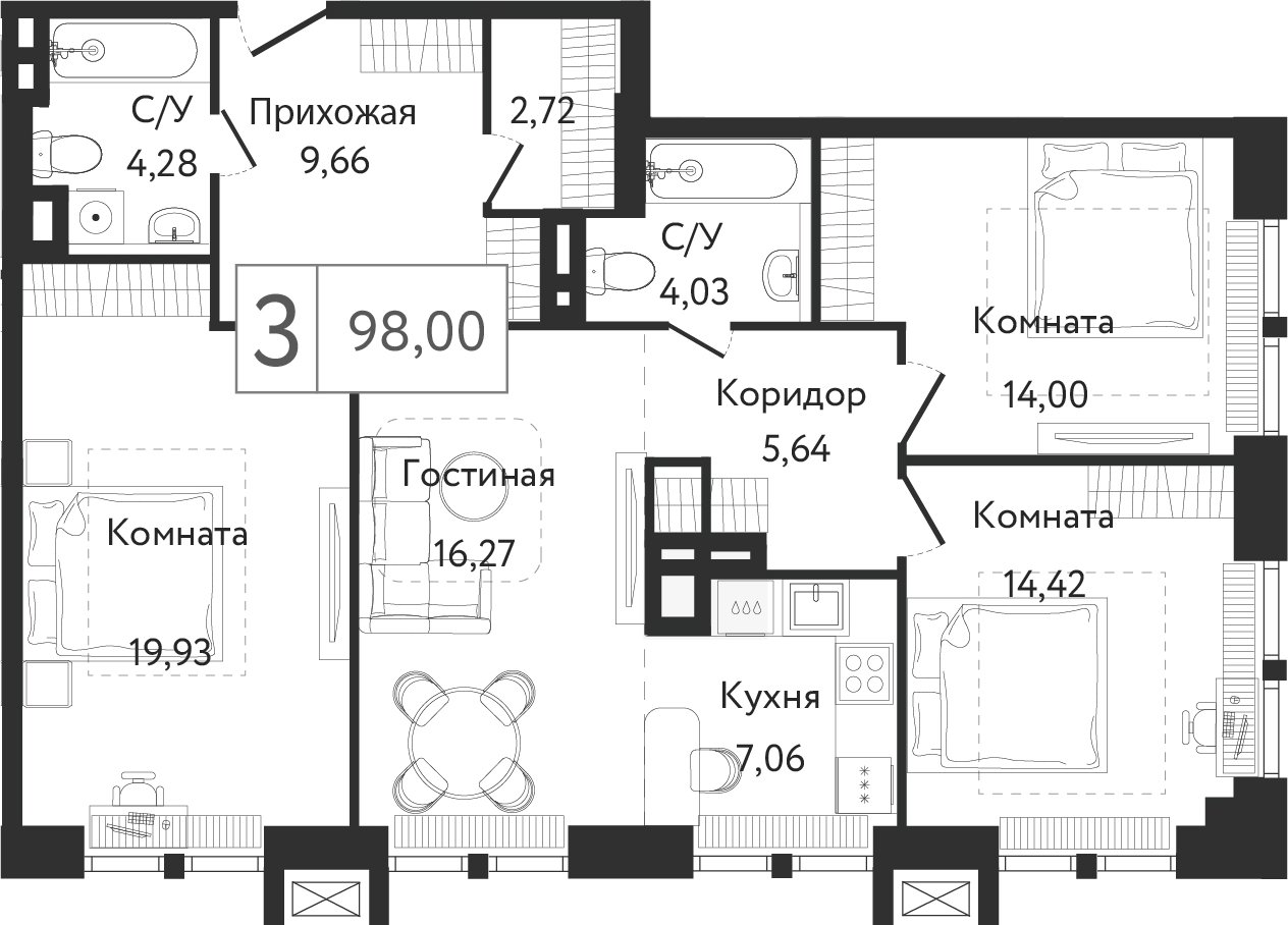 3-комнатная квартира без отделки, 98 м2, 13 этаж, сдача 3 квартал 2023 г., ЖК Dream Towers, корпус 2 - объявление 2261258 - фото №1