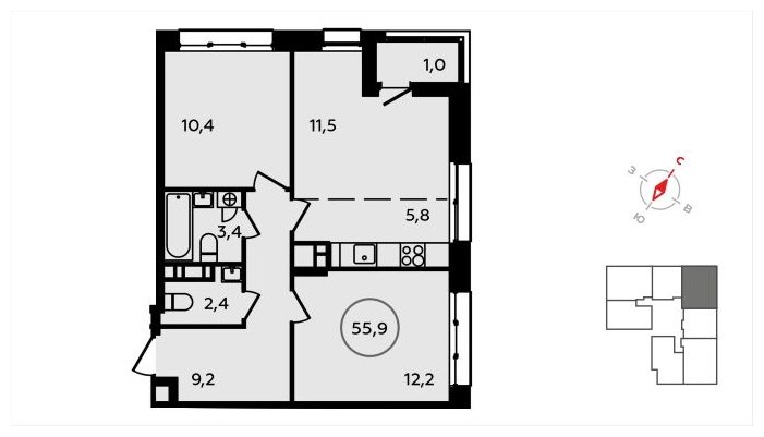 3-комнатная квартира (евро) без отделки, 55.9 м2, 8 этаж, сдача 3 квартал 2024 г., ЖК Скандинавия, корпус 22.2 - объявление 1625499 - фото №1