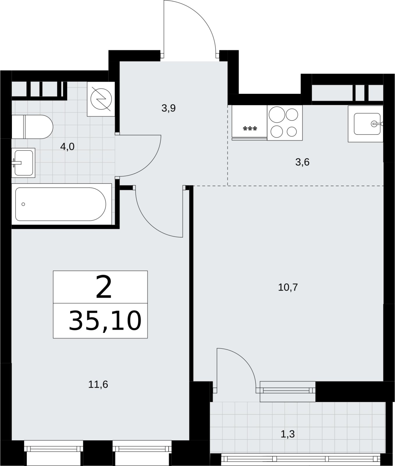 2-комнатная квартира (евро) без отделки, 35.1 м2, 8 этаж, сдача 3 квартал 2026 г., ЖК Родные кварталы, корпус 3.4 - объявление 2378686 - фото №1