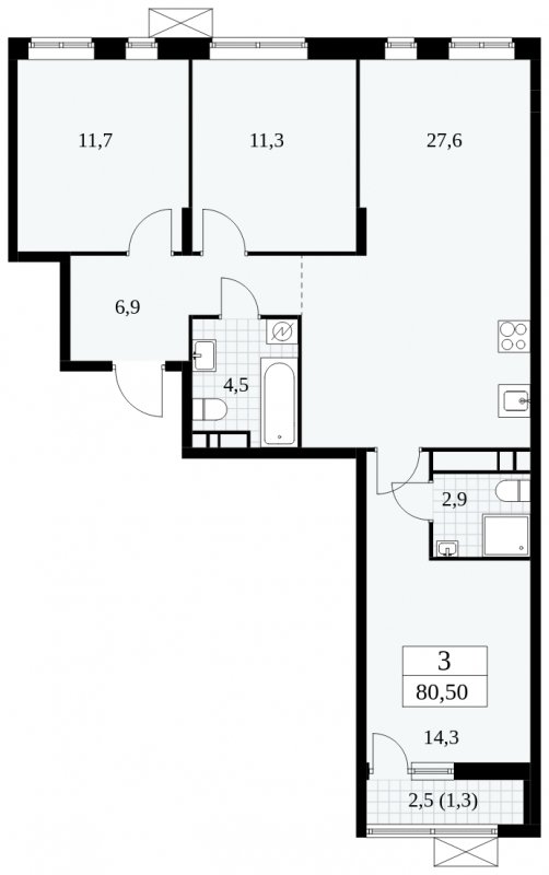 3-комнатная квартира без отделки, 80.5 м2, 13 этаж, сдача 1 квартал 2025 г., ЖК Прокшино, корпус 5.2.3 - объявление 1751351 - фото №1
