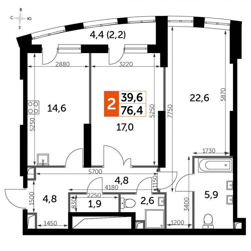 2-комнатная квартира с частичной отделкой, 76.4 м2, 4 этаж, сдача 3 квартал 2024 г., ЖК Sydney City, корпус 2.2 - объявление 1745537 - фото №1